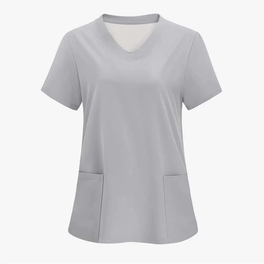 Сплошные цветные женские футболки, медицинская униформа для кормления, эластичная футболка с v-образным вырезом и короткими рукавами, топы с карманами, женская одежда
