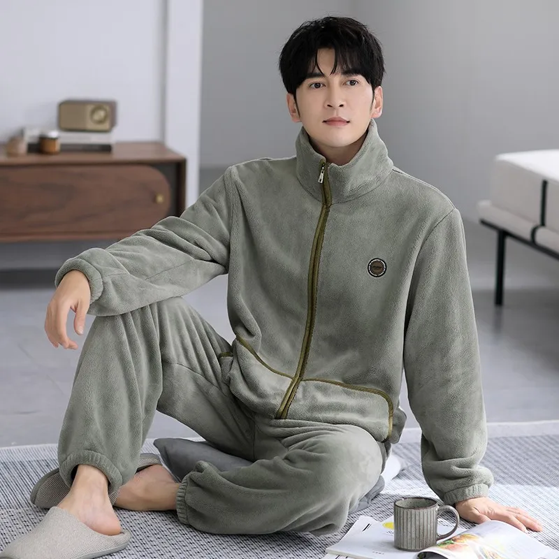 Men's Winter Thickened Coral Fleece Pajamas Home Clothes Long Sleeve Zipper Closure Straight Leg Thermal Insulation Sleepwear