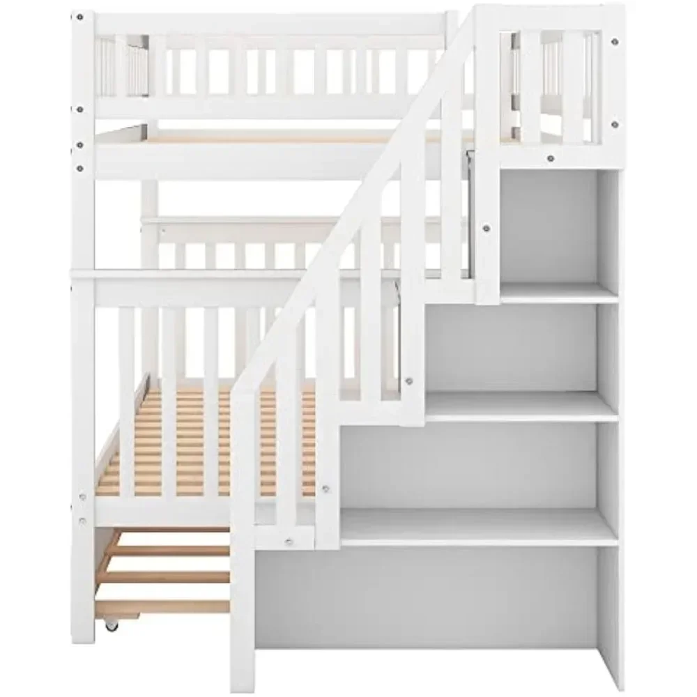 

%a Full Over Full Bunk Bed with Trundle Bed, Wooden Bunk Bed with Staircase and Guardrail, Kids, Teens, Adults (White, Full/Fu