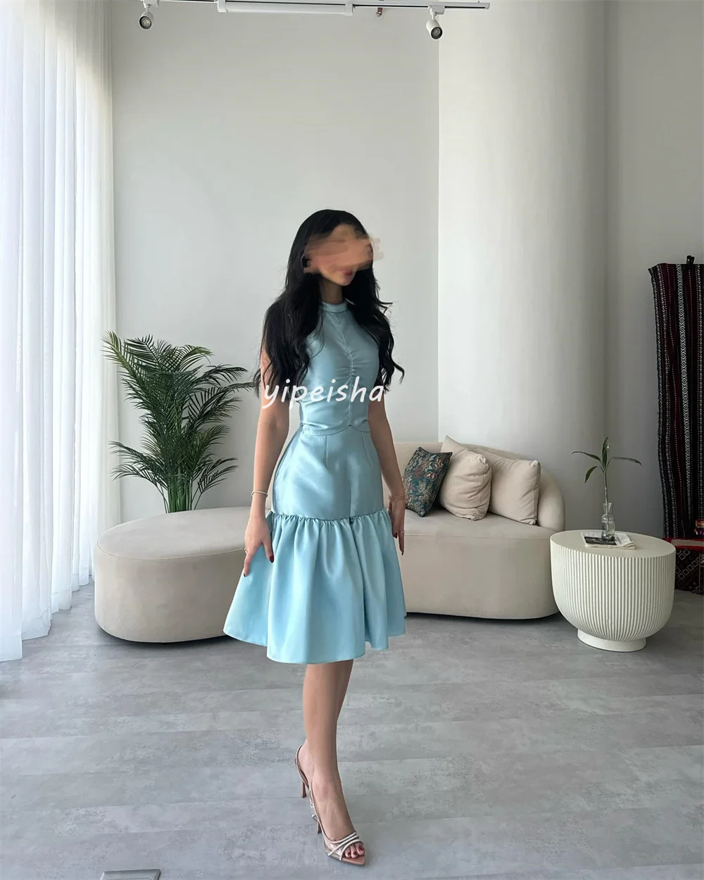 カスタマイズされたファッションサイズが利用可能 プリーツ シャーリング ドレープ Aライン ハイカラー 膝丈ドレス オーダーメイド オケージョンドレス フォーマル