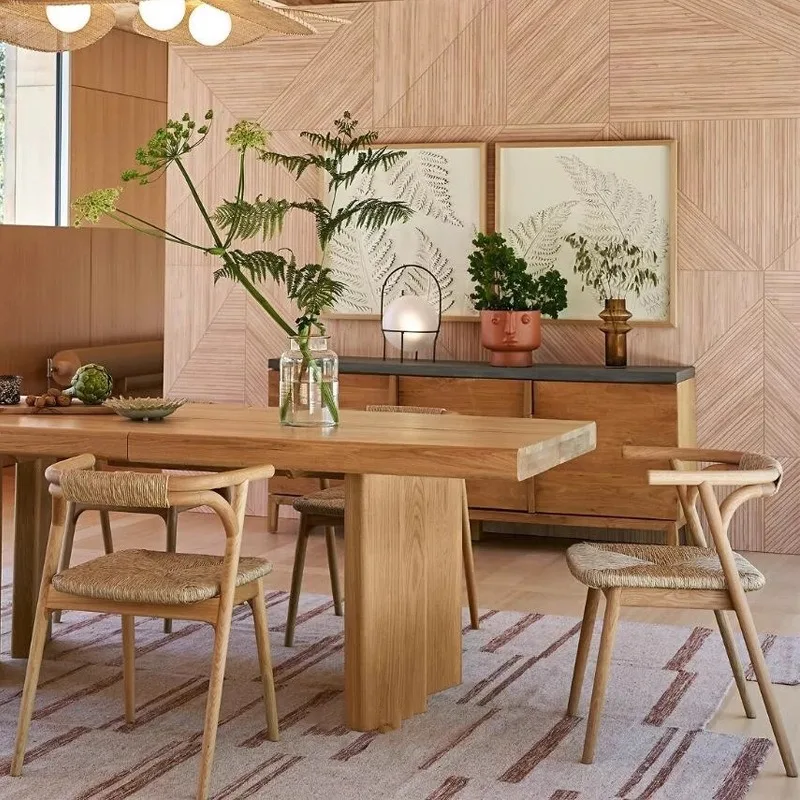 Retro Solid Wood and Hemp Rope Dining Chair with Armrests for Home Restaurant Cafe Hotel Wabi Sabi Style Conversation Chair