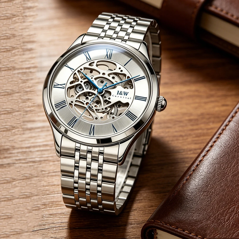 IW New Men's Watch Automatic Mechanical Wristwatch Hollow Flywheel Business Simple Watch Stainless Steel Strip