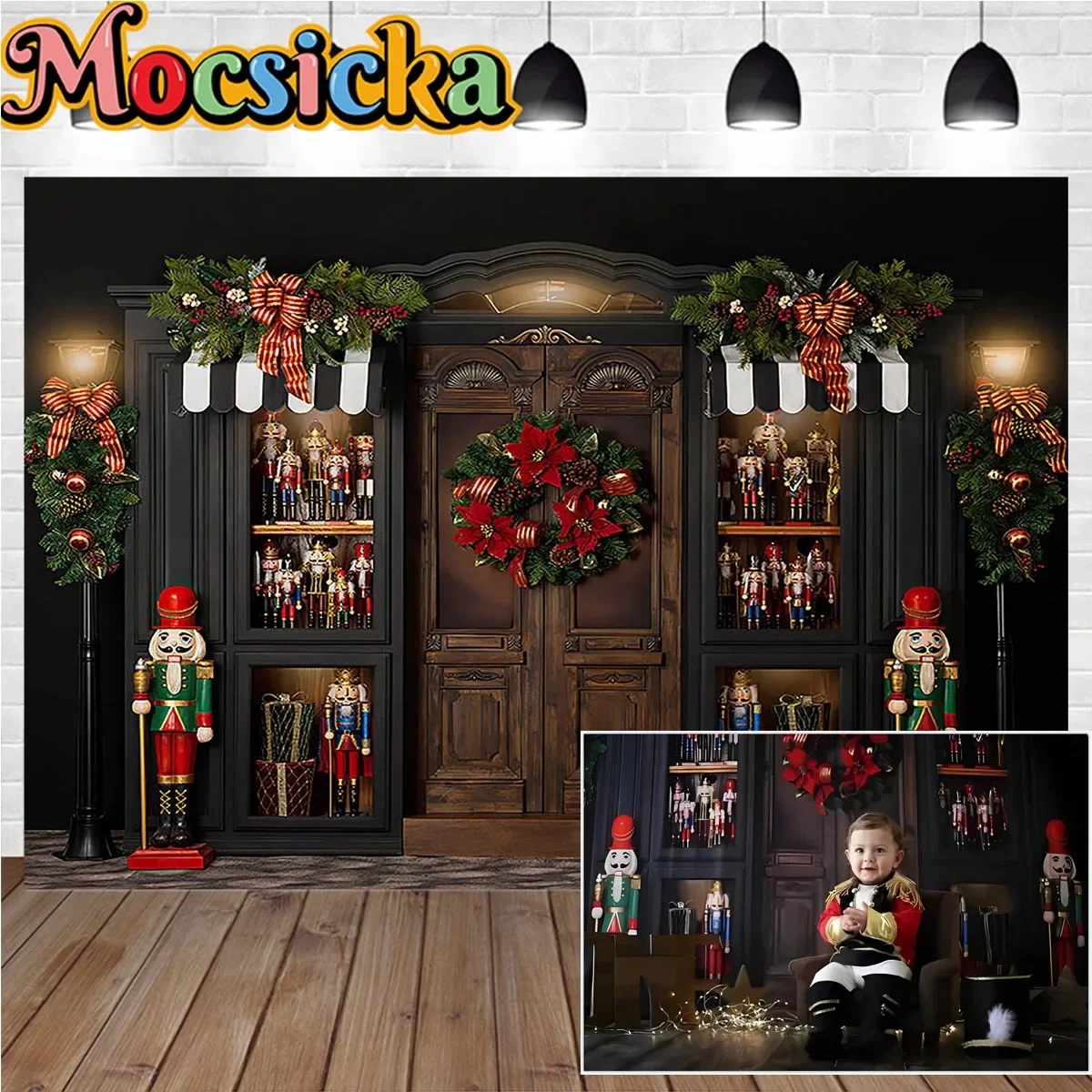 Chirstmas Store Photography Backdrop Nutcracker Soldier Toy Gift Shop Winter Background Wreath Street Light Photoshoot Kids Prop