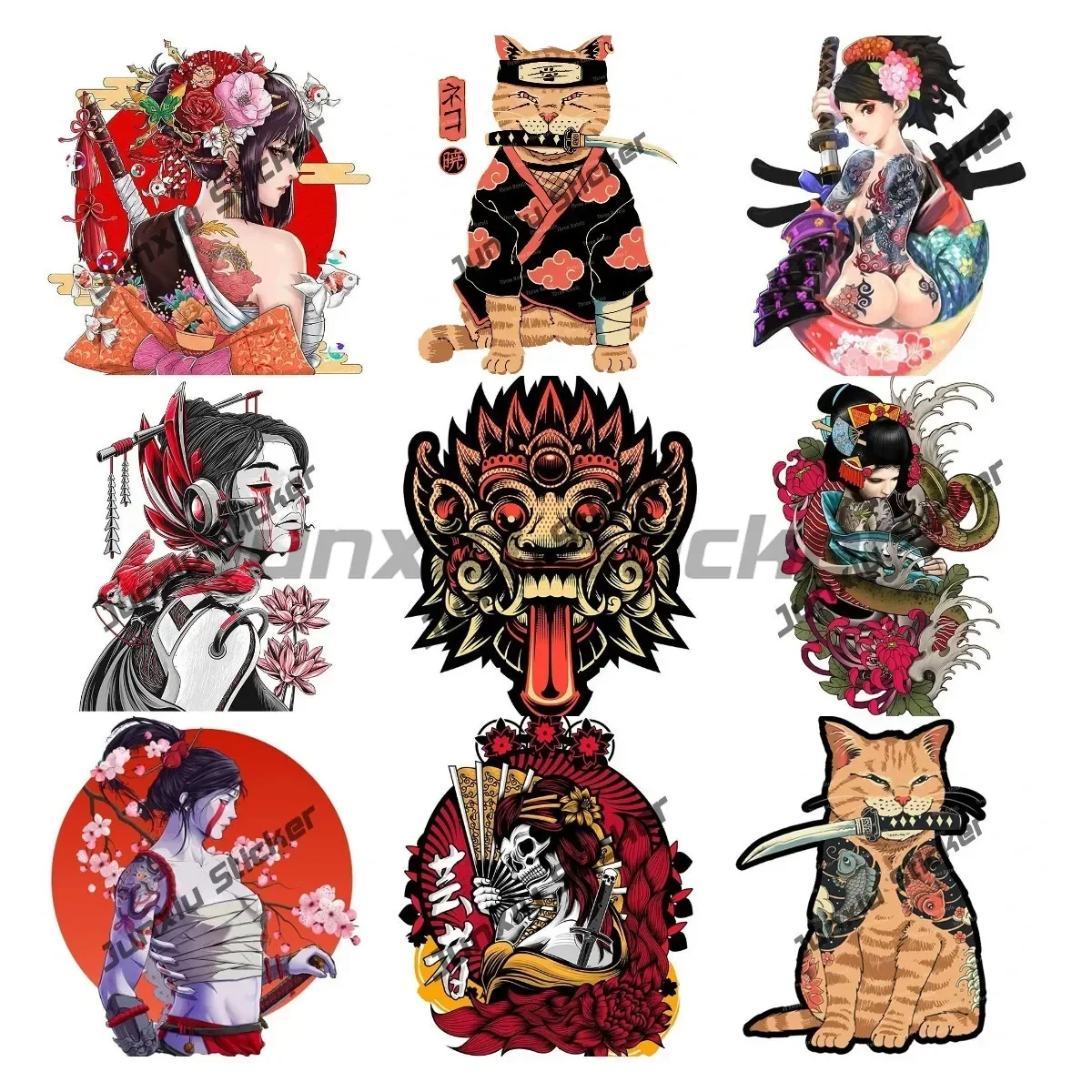 

Japanese Samurai Decals Japan Samurai Cat Sticker Female Geisha Samurai Monster Decals Demon Death Badge Sticker for Car SUV
