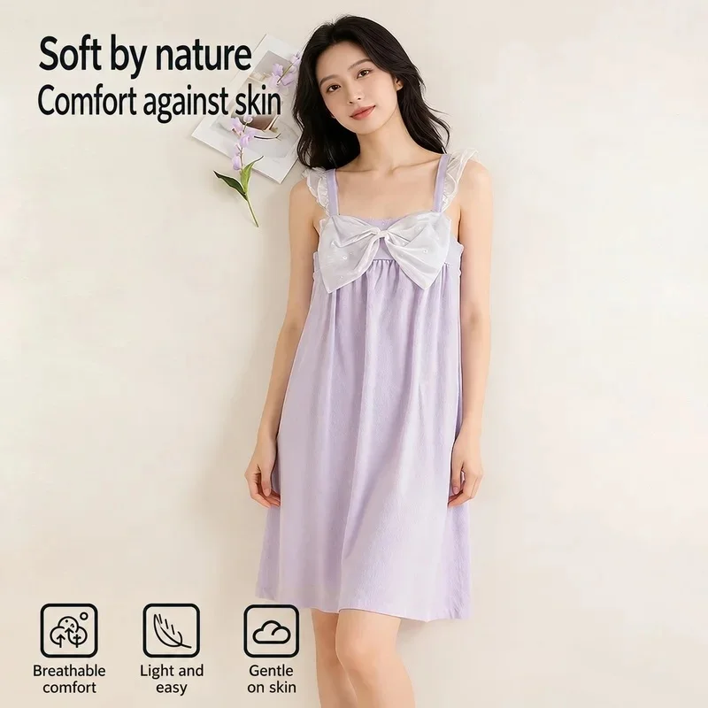 Nightdress Women Lilac Bow Flutter Straps Lightweight Sleeveless Summer Sleepwear Soft Comfy Lounge Nightgown Breathable Cozy 6