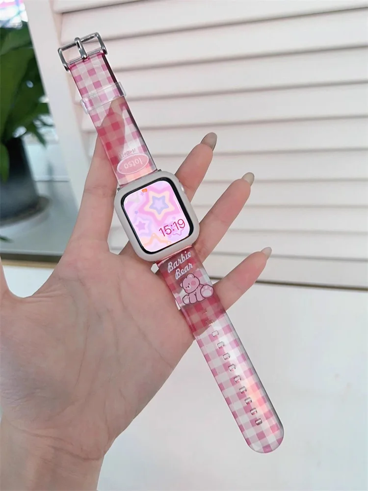 Korea Cute Bear Strap+Case For Apple Watch Band Ultra 2 49mm 45 44mm 41 40 42 Correa Clear Band For Watch Series 9 8 7 6 SE 5 4