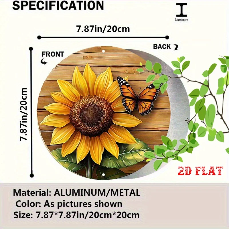 2D Flat, 2D Flat 1pc Yellow Bloom Round Aluminum Sign, Nature Scene Metal Sign, Butterfly 7.8X7.8Round Aluminum Sign - Sunflow