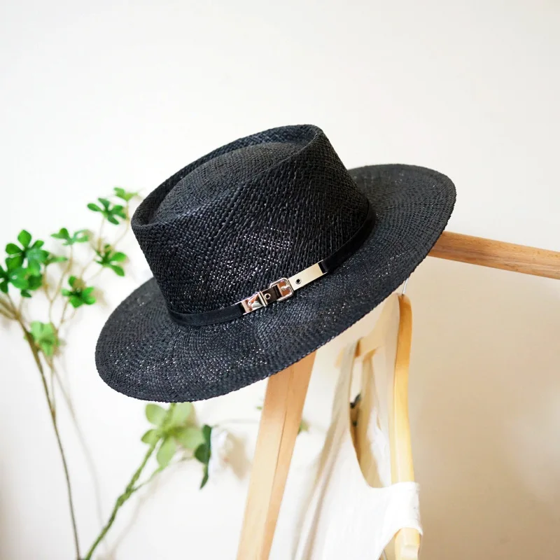 Black Straw Fedora Hats Natural Grass Sun Hat for Women Boater Hat PU Leather Wide Brim Panama Hat Beach Wedding Party Derby Hat