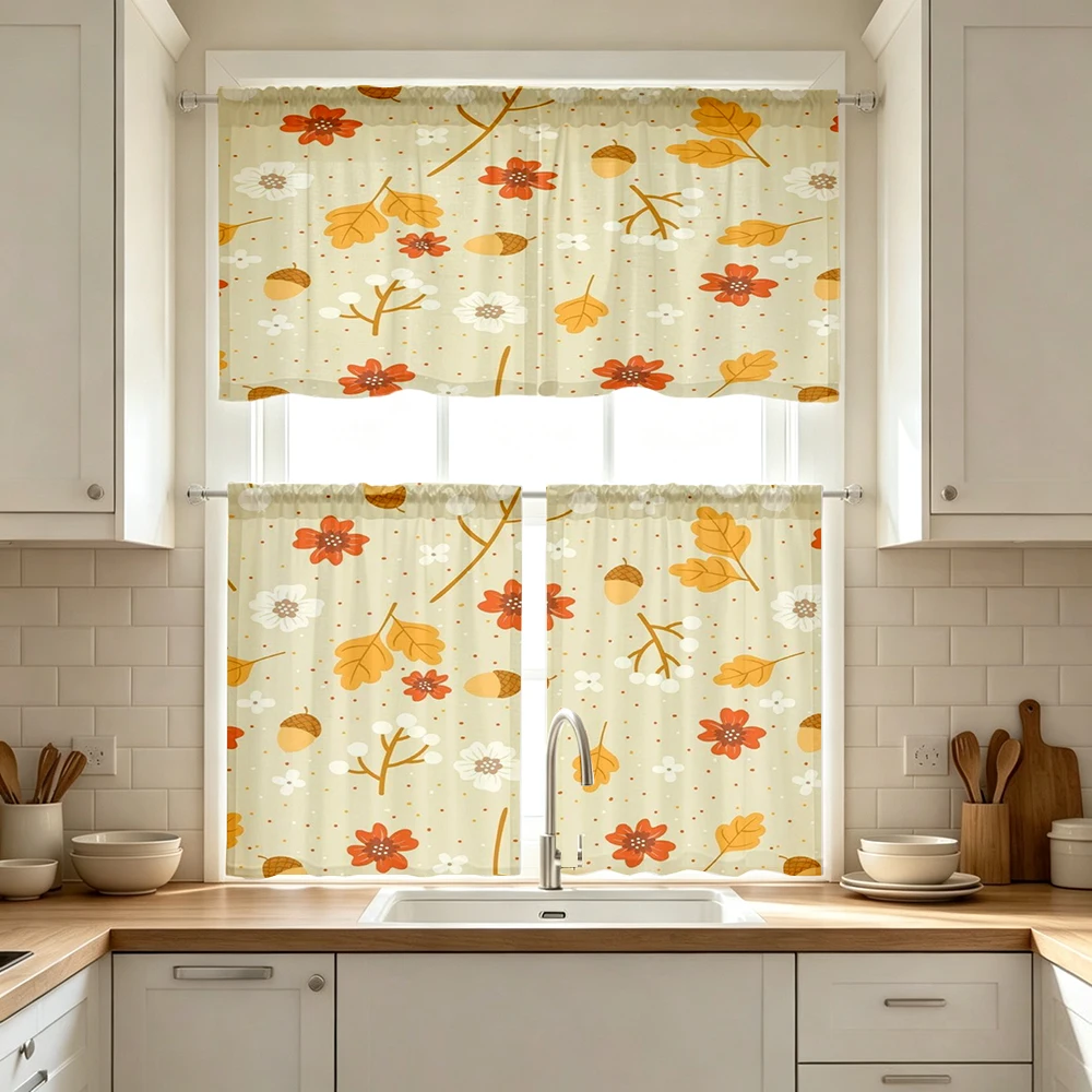 Thanksgiving Fall Kitchen Curtains, Acorn Flower Leaf, Digital Print, Kitchen Dining Room, Rod Pocket Polyester, Home Decor