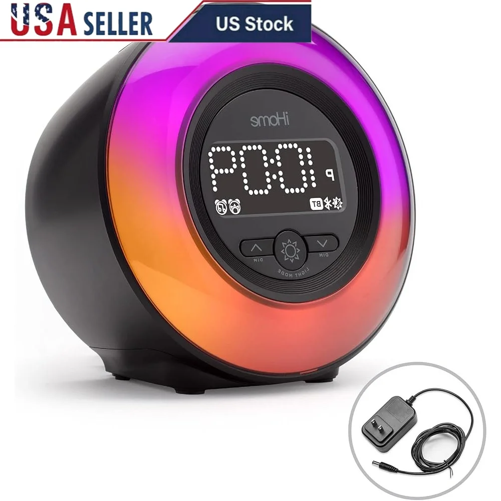 

Bluetooth Alarm Clock Radio Color Changing Dimmable Display FM Radio Portable USB Charging Dual Alarm Speaker with Mood Light