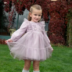 Dave Bella Spring Girls Baby Princess Dress Long Sleeve Purple Mesh Charm Cute Embroidered Floral Party Gentle DB1250497