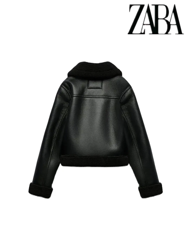 TRAF Women's Retro Biker Wind Jacket Thickened Warm Fashion Zipper Jacket Black Solid Color Street Fashion Women's Jacket