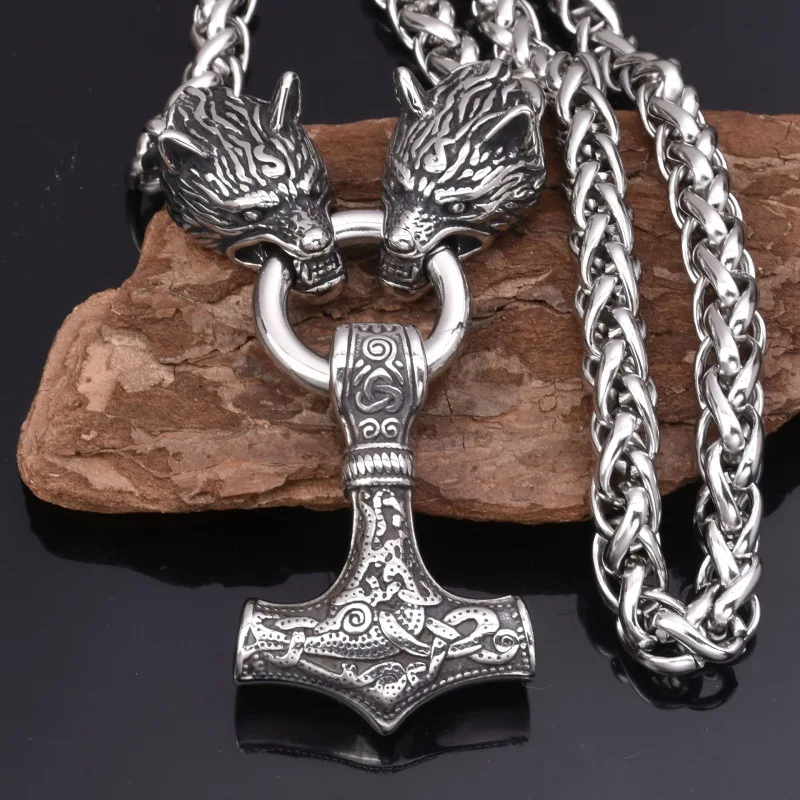 Fashion Viking Wolf Head Thor's Hammer Pendant Necklace Men Women Hip Hop Punk Accessories