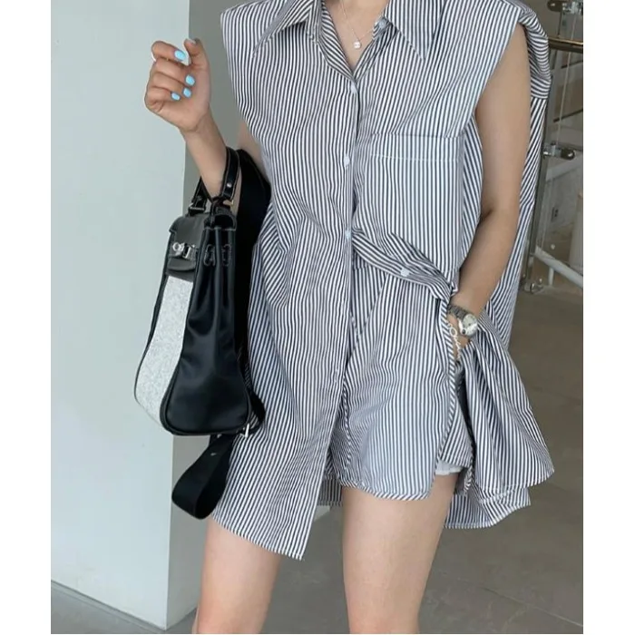 2026 Summer Korean Chic Casual Fashion Thin Stripe Shoulder Pad Sleeveless Shirt Shorts Set Breathable Loose Fit Button up