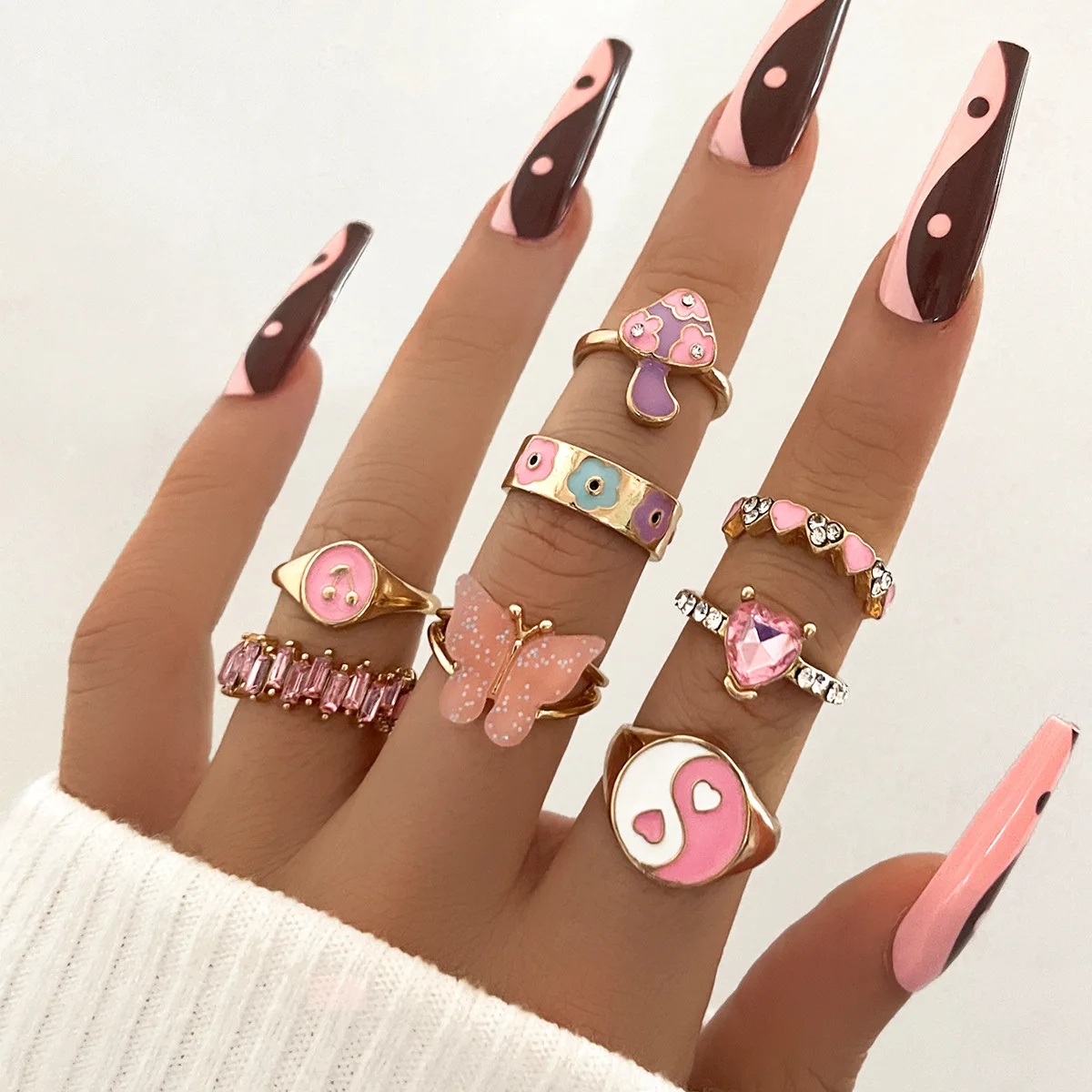 New Colorful Enamel Butterfly Kunckle Rings Set For Women Geometric Crystal Heart Mushroom Finger Ring Girls Bohemian Jewelry