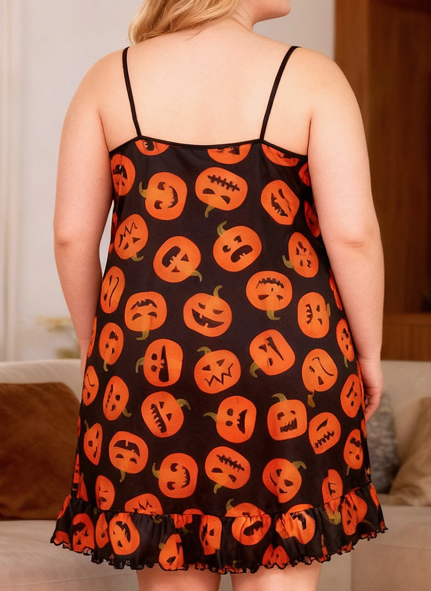 Plus Size Women's Halloween Pumpkin Print Sling Nightgown Casual Soft Loose Sleep Dress Comfortable Home Loungewear