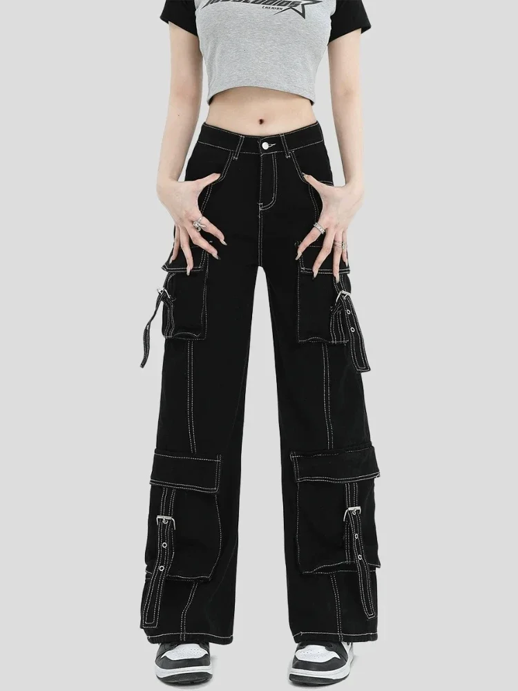 ADAgirl-Jean Cargo Noir pour Femme, Pantalon en Denim, Jambes Larges, Vintage, Baggy, Poches, Coréen, Hip Hop, Décontracté, FJJM, Harajuku, Y2K