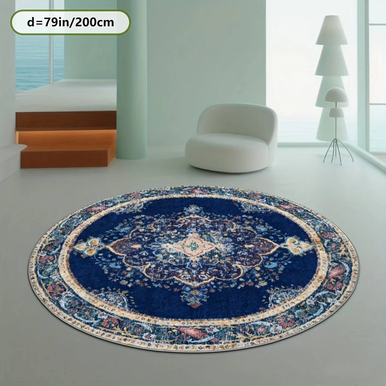 Vintage Round Area Rug Blue Persian Moroccan Floral Print Polyester Circular Carpet for Living Room Bedroom Home Decor
