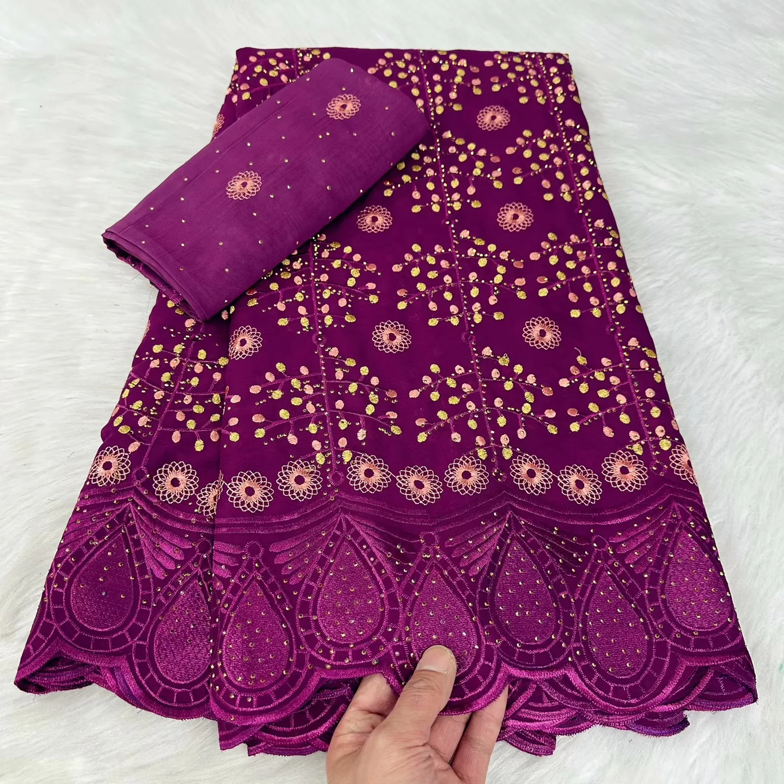 

Hot 5+2 Yard Swiss Voile Lace With Stones High Quality 2024 African Cotton Lace Nigerian Stones Cotton Fabric For Women Dresses