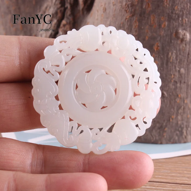 Natural Chinese White Jade Hollow Pendant Dragon Fu Lu Shou Brand Heart Necklace Men\'s and Women\'s Fashion Jewelry Lucky Amulet