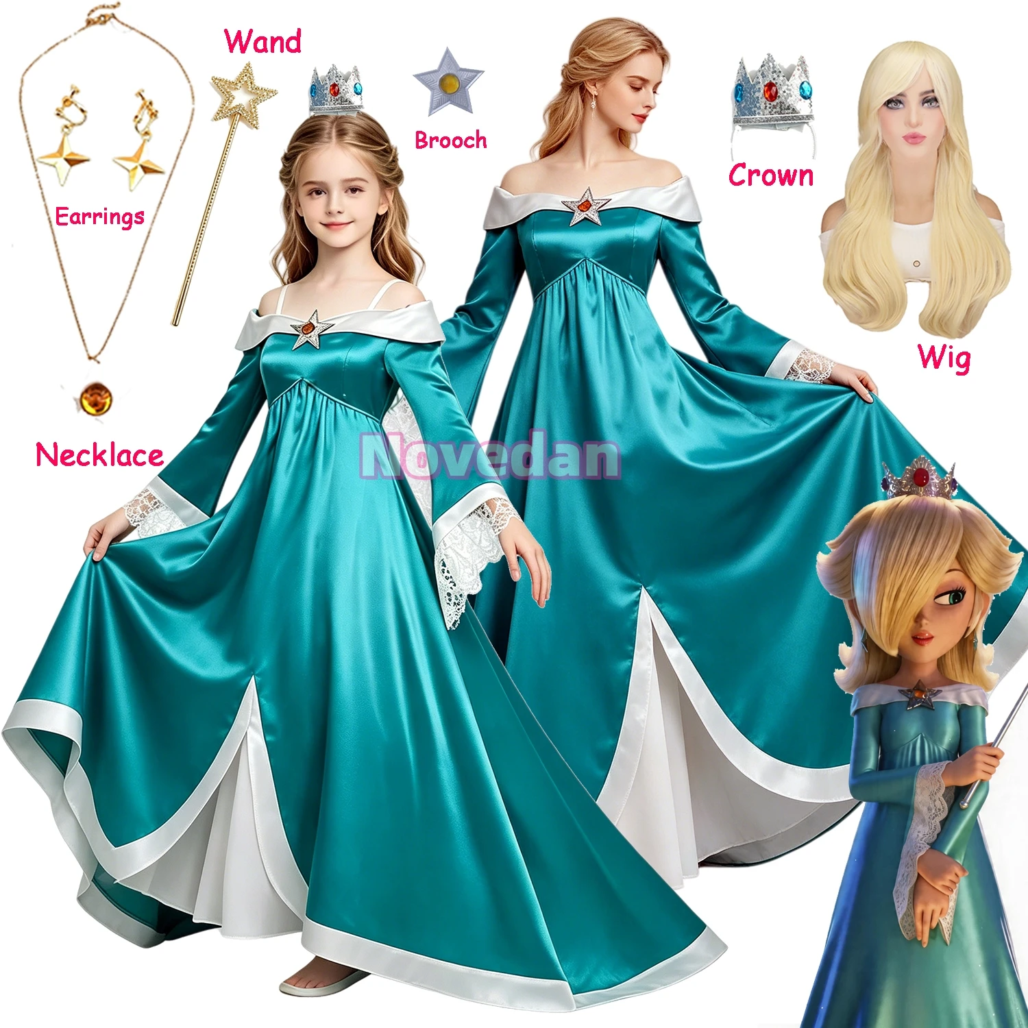 Galaxy Movie Super Princess Rosalina Cosplay Kostüm Perücke Erwachsene Kinder Elegantes grünes Kleid Frauen Mädchen Halloween Geburtstag Party Requisiten