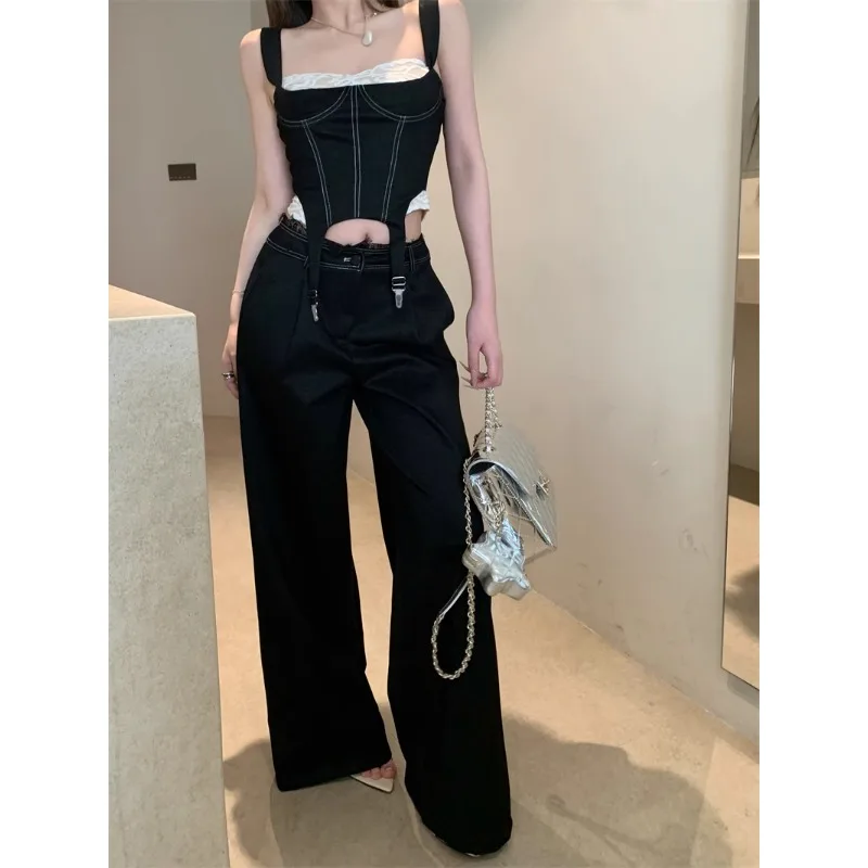 2024 Summer New High Street Contrast Color Lace Splicing Irregular Camisole Women + Loose Casual Wide Leg Pants Two-piece Suit