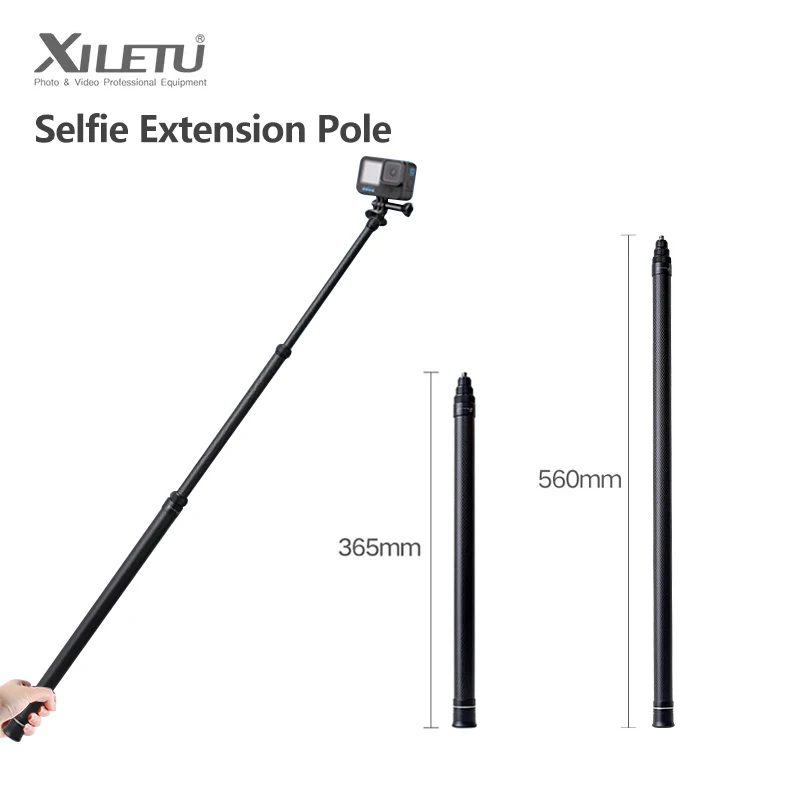 XILETU GP-150/300 Carbon Fiber Selfie Extension Pole Telescopic Handheld Selfie Stick for GoPro Insta360 Sport Camera Cell Phone