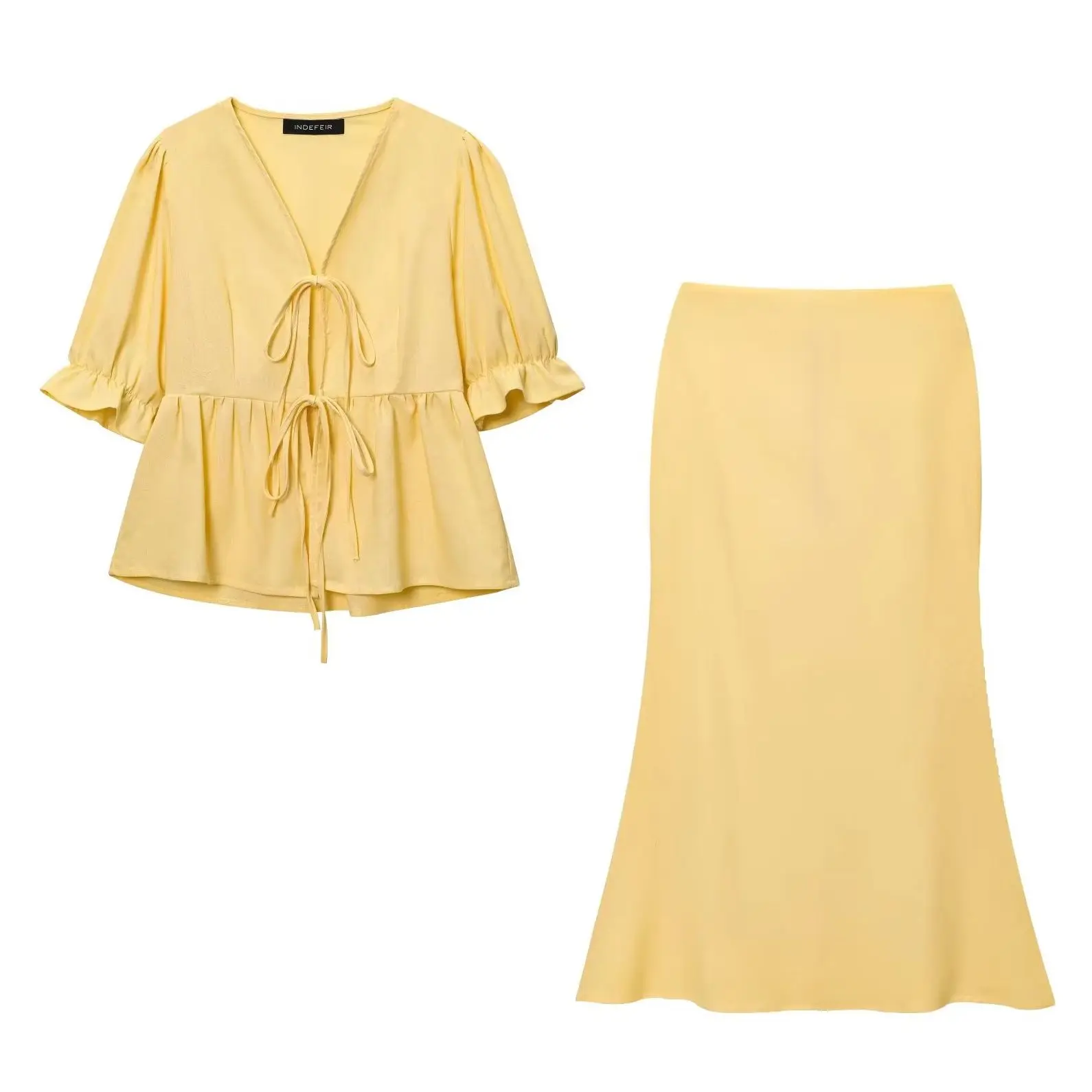 

KONDALA Chic 2025 праздничный женский костюм, короткий элегантный желтый топ с бантом + одинарная однотонная длинная юбка, летние женские комплекты Y2K