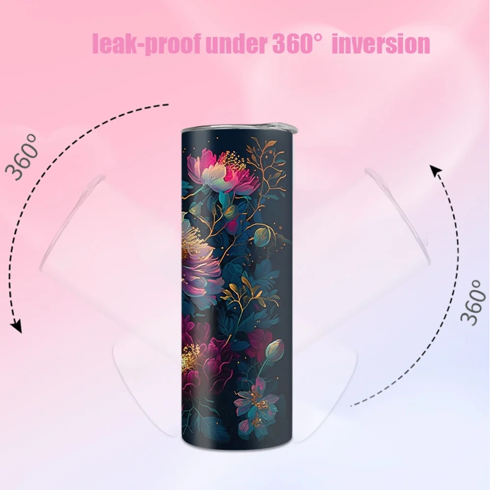 1pc 20oz straw water bottle, insulated stainless steel water cup with colorful floral art pattern. view 6
