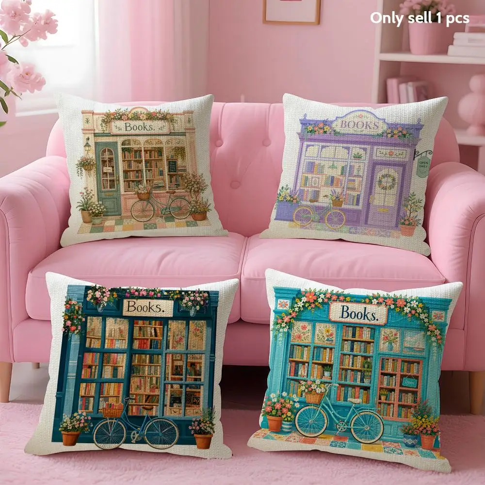 Bookstore Bicycle Floral Cushion Cover Linen Organic Fabric Double-Sided Printing Sofa Breathable Home Decor Gift Pillow Case