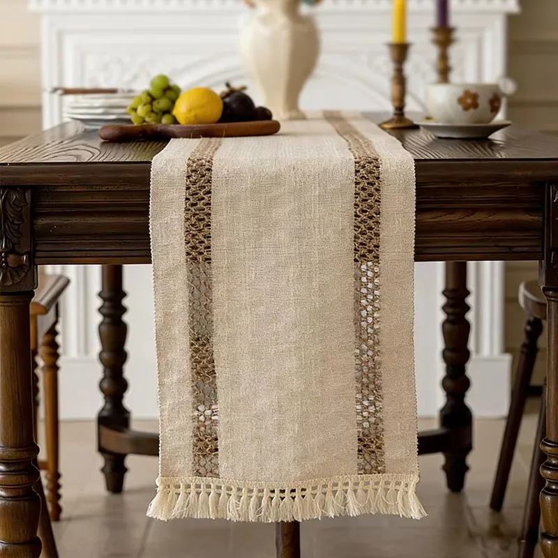 Farmhouse Cotton Linen Table Runner, Tasseled Rustic Decor for Coffee & Tea Table