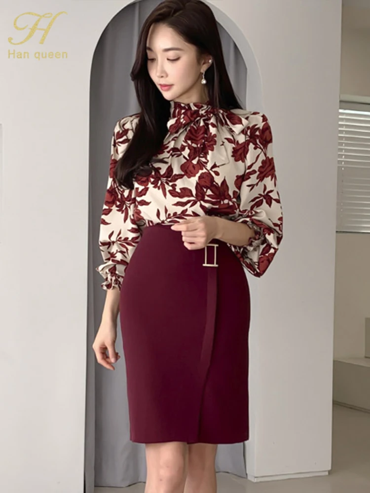 H Han Queen Hot Sale Women Spring Autumn Casual 2 Pieces Set Print Top + Simple Sheath Pencil Skirt Korean Profession Skirt Suit