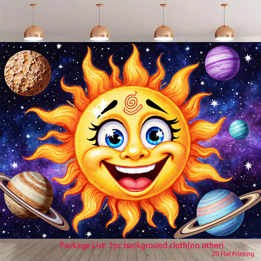 Cute Smiling Sun Tapestry, Cartoon Solar System Planets Wall Hanging, Colorful Space Art Decor for Kids Room Bedroom Nursery