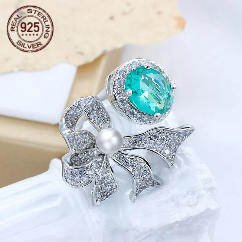 

Высококачественное регулируемое кольцо для женщин, серебро 925, модный комплект колец с жемчугом и бантом, имитация кольца Параиба, свадебный подарок