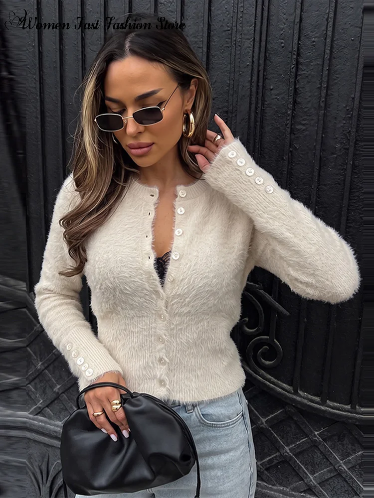 Soft Plush Knitted O-neck Cardigans 2026 Autumn Winter Slim Single-breasted Full Sleeve Sweater Women's Solid All-match Knitwear
