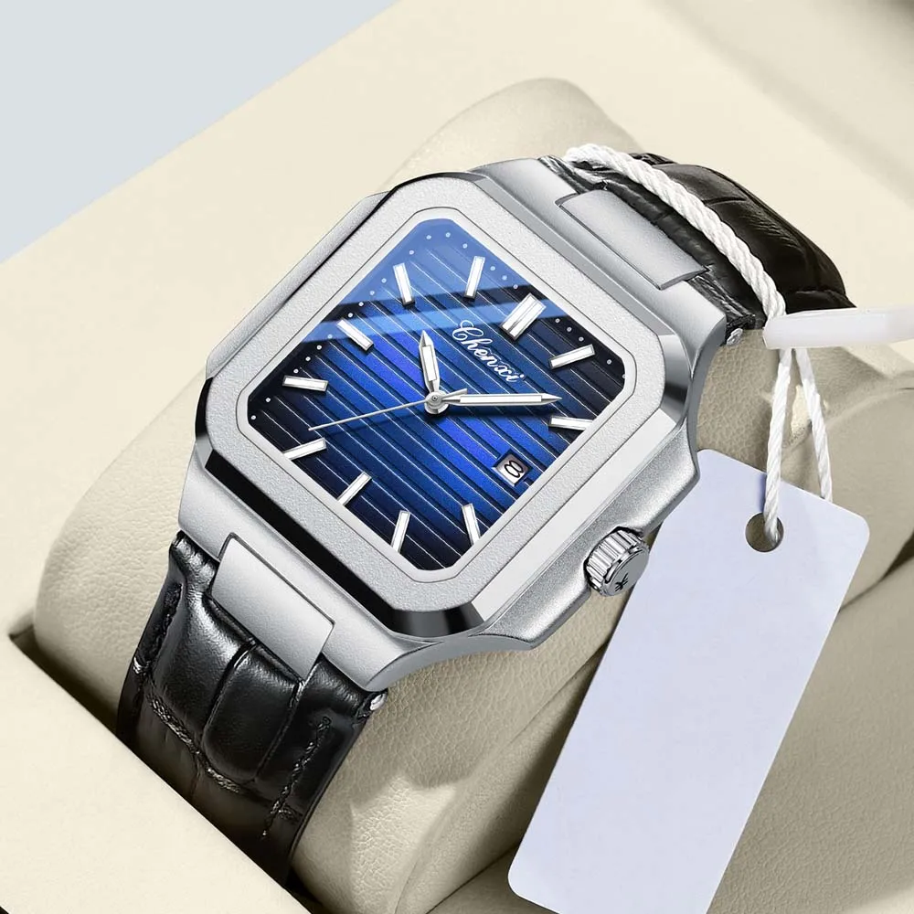 

CHENXI Роскошные мужские квадратные кварцевые часы с кожаным ремешком, водонепроницаемые светящиеся наручные часы с датой, повседневные мужские часы