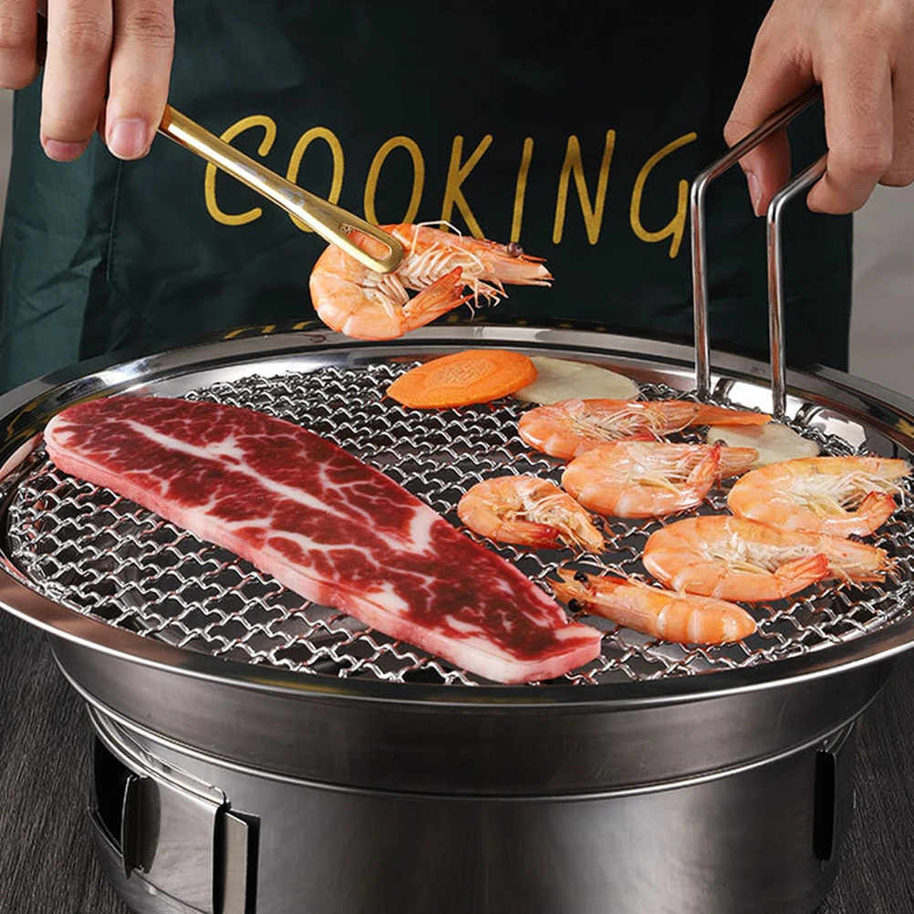 

Stainless Steel Barbecue Mesh Grill Net Round Shape with Handle Durable Easy Clean Rack for Indoor Outdoor Bbq