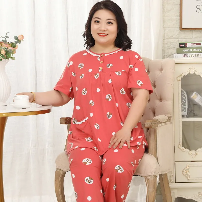 Kawaii cartoon short sleeve trousers pajamas sets women summer Plus size 5XL 100% cotton sleepwear pyjamas women 8880