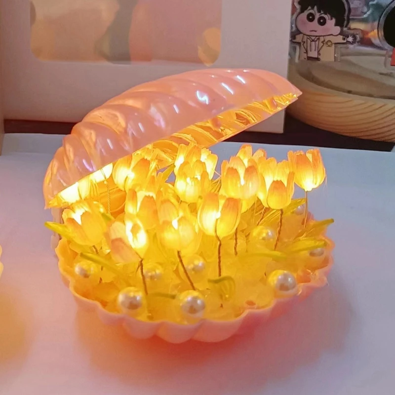 DIY Shell Tulip Night Light Handmade DIY Tulip Girl Living Room Night Light Desktop Light Romantic Ambient Lamp Durable White