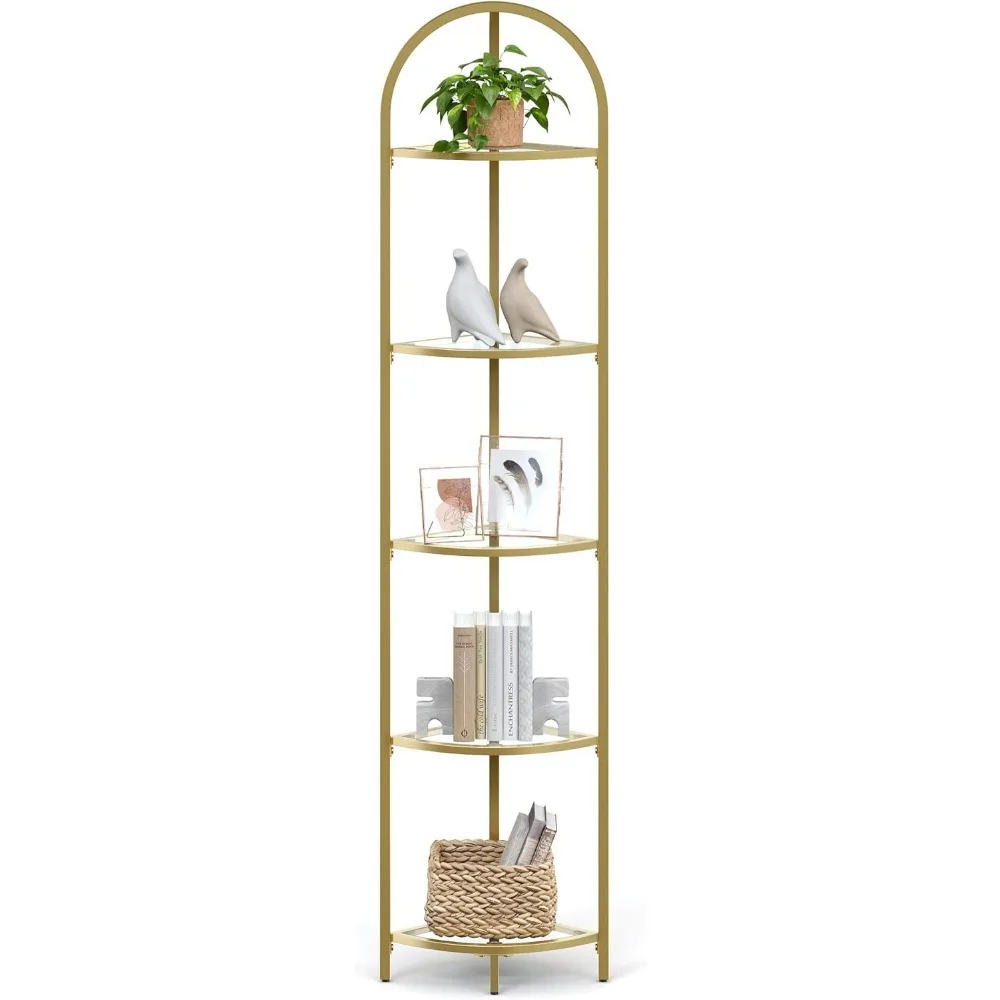 5-Tier Corner Shelf Stand, Corner Bookshelf, Bathroom Organizer, Plant Stand, Tempered Glass, Steel Frame, Modern Style,