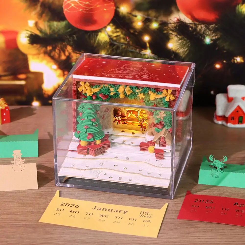 3D Paper Art Calendar With Lights Desk Timepiece Calendar 2026 Tear-Away 3D Xmas Tree House Notepad Christmas Gift For Frie Z0S8