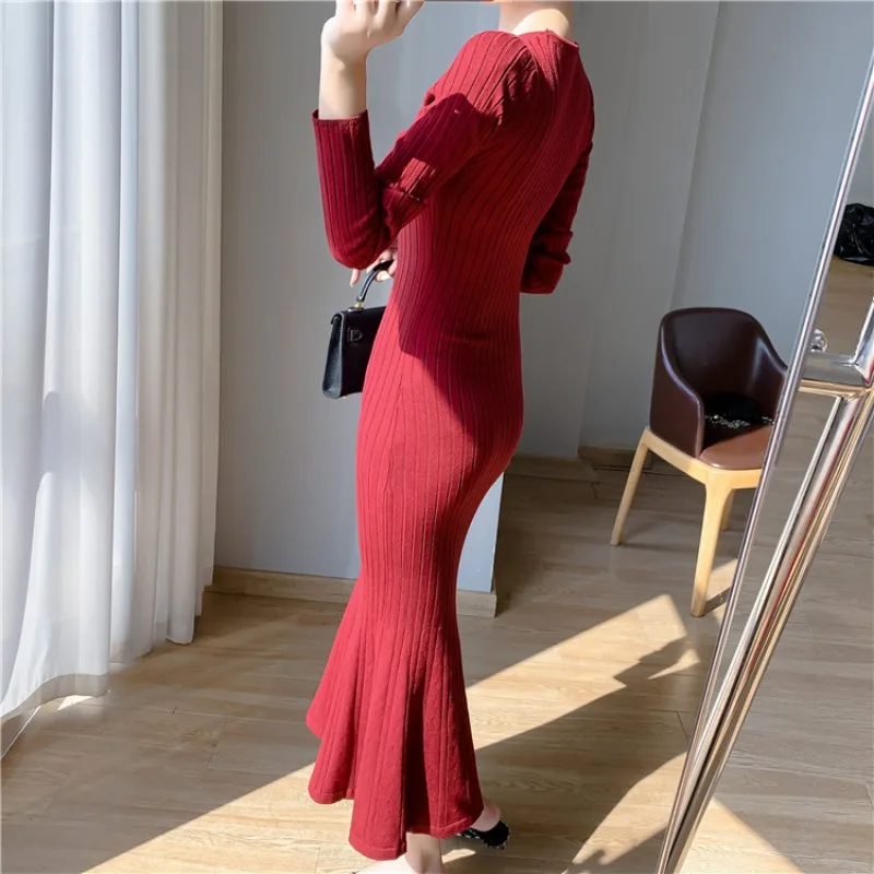 Red Simple V-neck Knitting Sweater Bodycon Dress Women Tight Elegant Long Sleeve Office Fishtail Midi Dresses Autumn Winter 2023