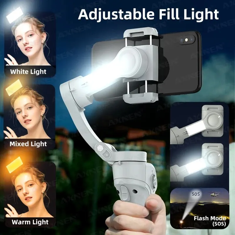 AXNEN HQ6 3-Axis Gimbal Handheld Stabilizer for Cellphone, with Fill Light, Face Tracking, for iPhone Android Video Recording