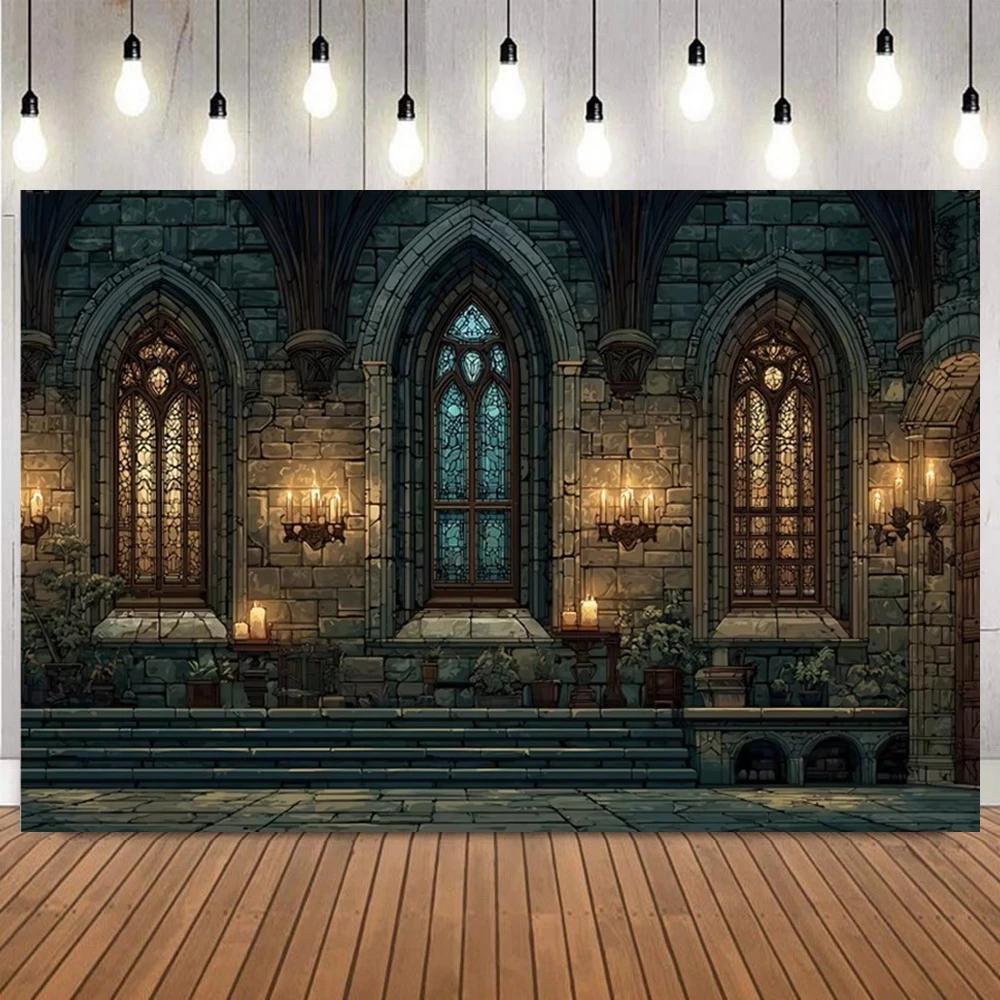 Gothic Horror Halloween Photography Background Medieval Old Castle Graveyard Pumpkin Ravens Party Decor Portrait Photo Backdrop