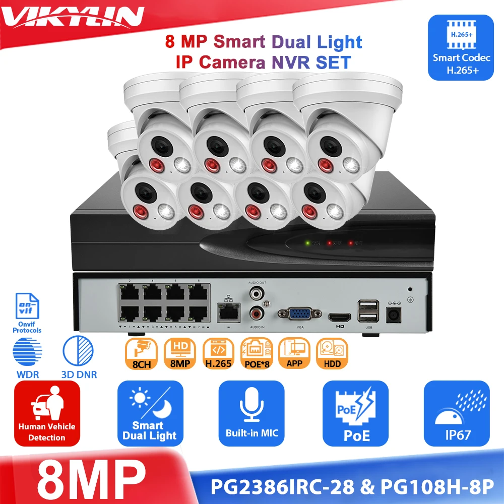 Vikylin 4K 8MP Smart Dual-Light Human Vehicle Detection IP Camera NVR Kit 8POE 8CH Network Video Recorder CCTV Security System