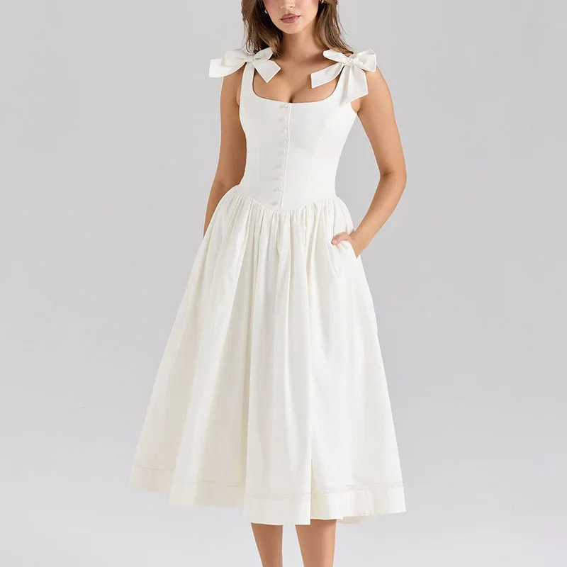 Women Elegant Lace Up Bowknot Vestido Fashion Sleeveless Zip A-line Boho Dress New Summer Square Collar Solid Button Party Dress