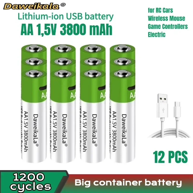 2024 신형 1.5V AA USB 충전식 배터리 3800mAh 리튬이온 배터리 (리모컨, 마우스, 전자 장난감용) + C타입 케이블