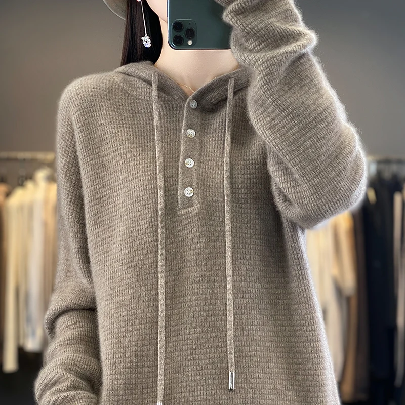 BELIARST 2023 Autumn/Winter New 100% Merino Wool Sweater Women\'s Clothing Knitted Pullover Hoodie Solid Button Loose BE-8828