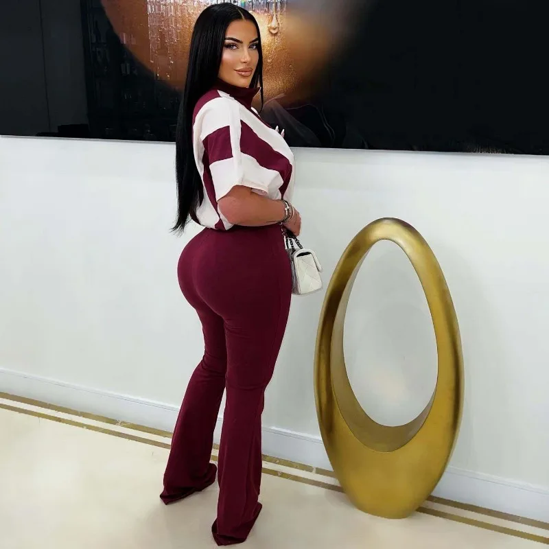 컬러 패치 워크 여성 캐주얼 점프 슈트 스탠드 칼라 반소매 지퍼 하이 웨이스트 플레어 바지 원피스 오버올 스트리트 로퍼