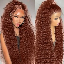 Perruque Lace Wig Deep Wave Brésilienne Naturelle, Cheveux Bouclés, Brun Rougeâtre, 13x6, 30 Pouces, 360